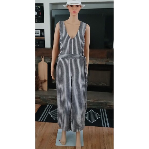 Wide Leg Linen Blend Jumpsuit Romper Sleeveless Pinstriped Pockets Wrap Belt XL - Picture 3 of 16